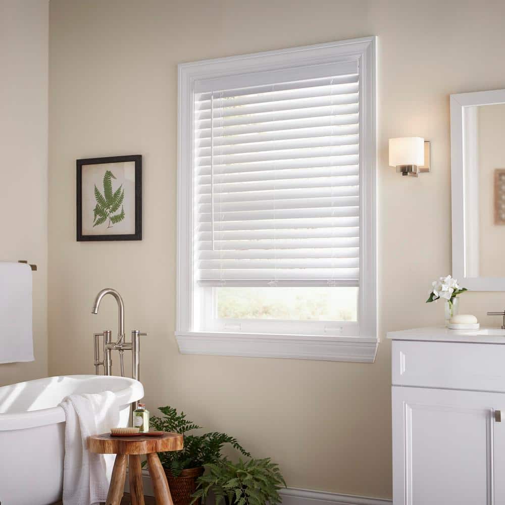 White Cordless Faux Wood Blinds for Windows with 2 in. Slats - 64.75 in. W x 64 in. L (Actual Size 64.25 in W x 64 in L)