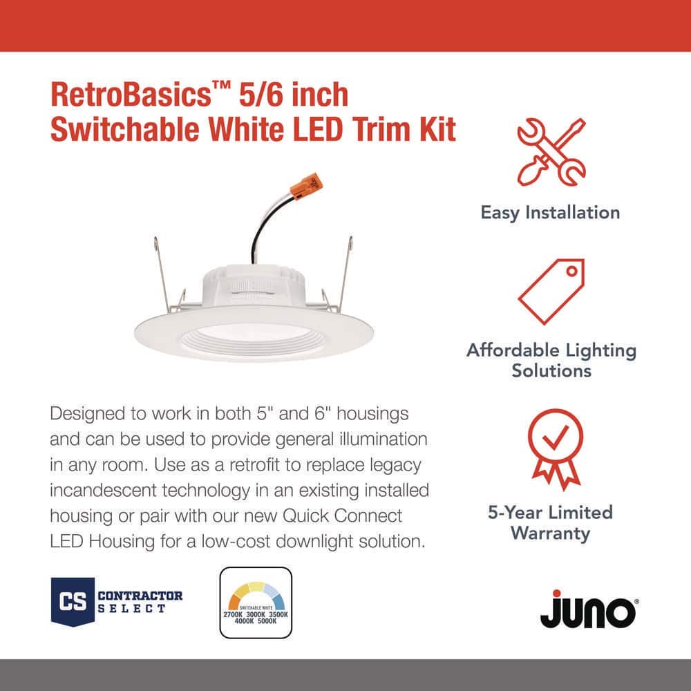 Contractor Select RetroBasics 5/6 in. Selectable CCT Integrated LED Retrofit White Recessed Light Trim (6 - Pack) - Stu's Home Improvement Outlet