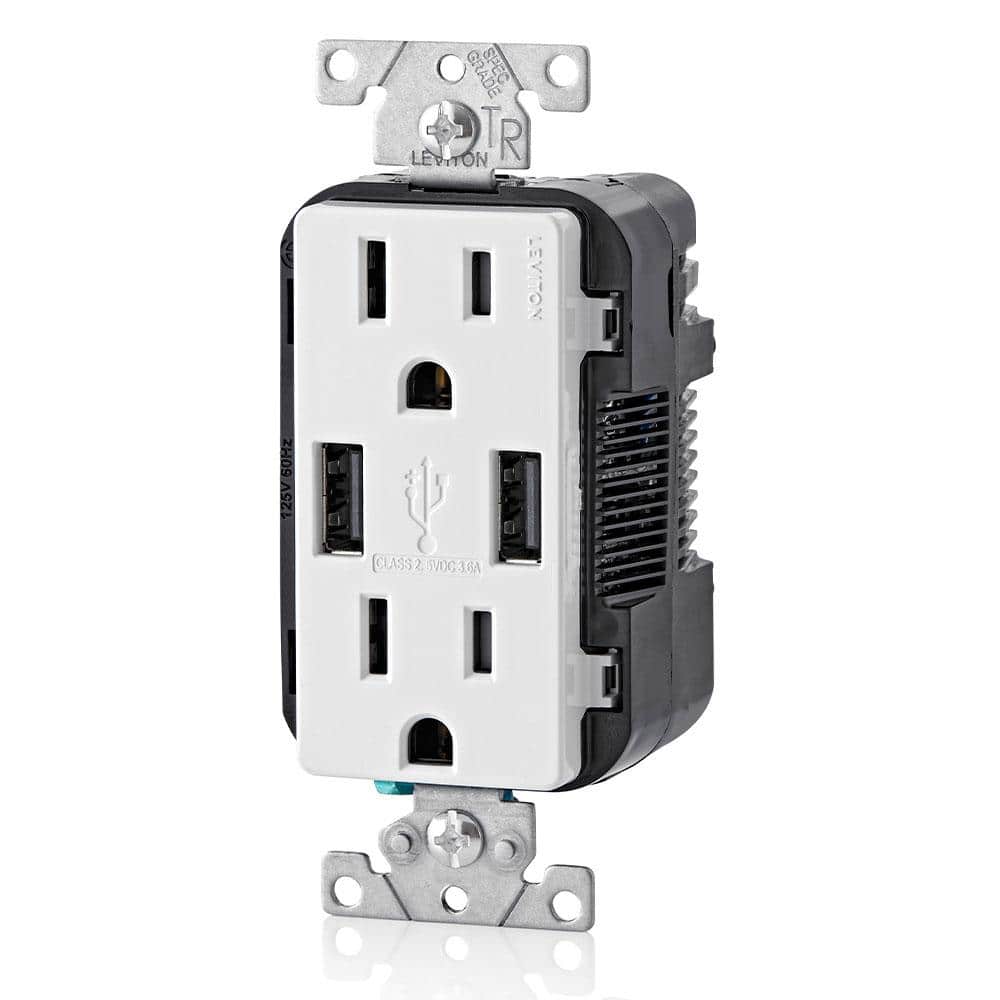 3.6A USB Dual Type A In - Wall Charger with 15 Amp Tamper - Resistant Outlets, White T5632 - BW - Stu's Home Improvement Outlet