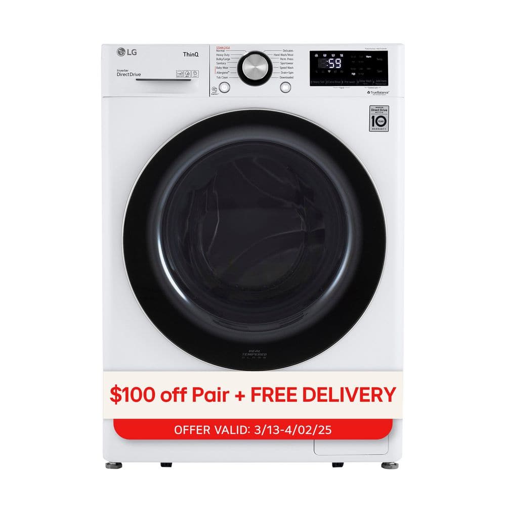 LG 24 in. W 2.4 Cu. Ft. Compact Stackable SMART Front Load Washer in White with Steam and AI Fabric Sensor / Smart Pairing (WM1455HWA) - Stu's Home Improvement Outlet