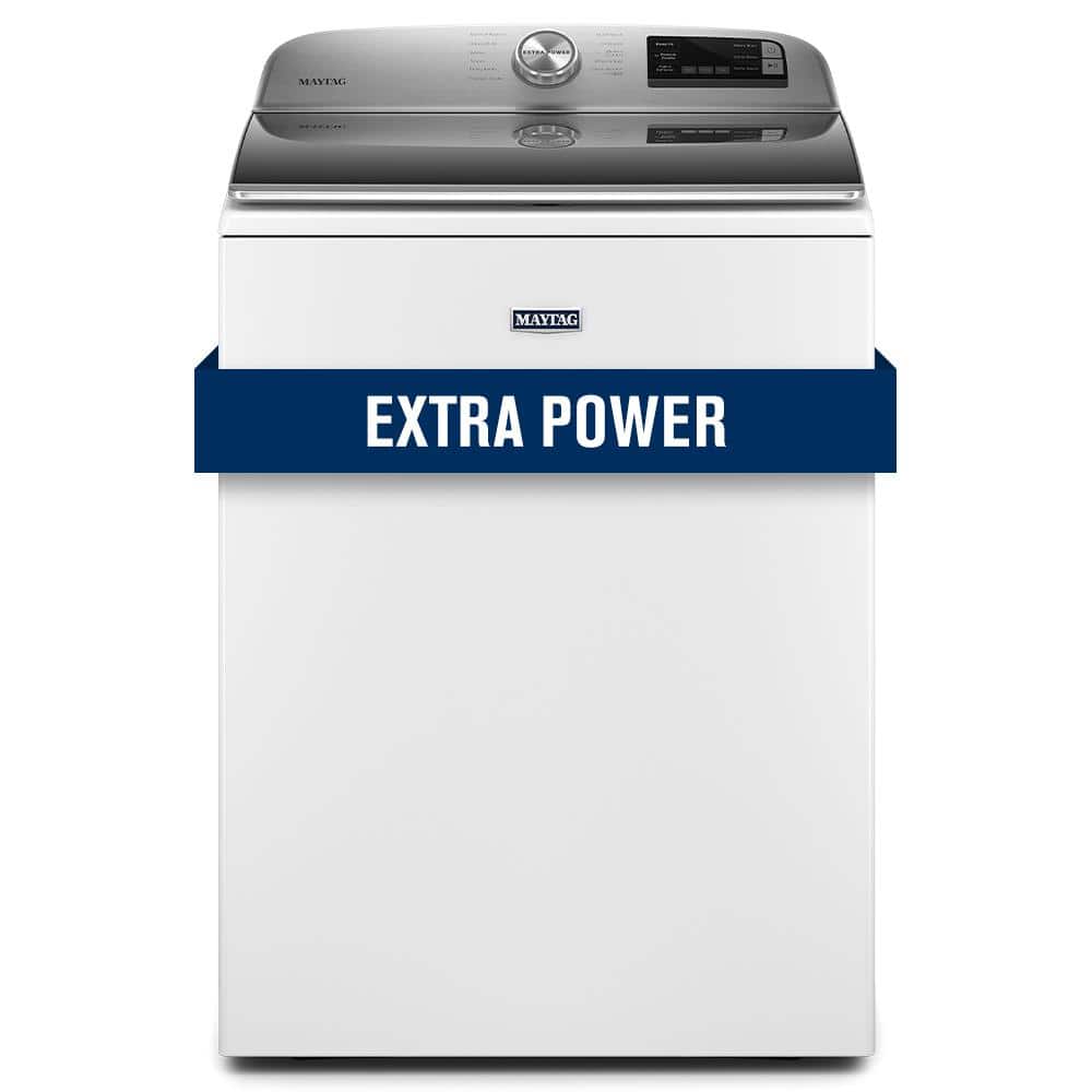 Maytag top-loading washing machine with a sleek design and "Extra Power" feature highlighted.
