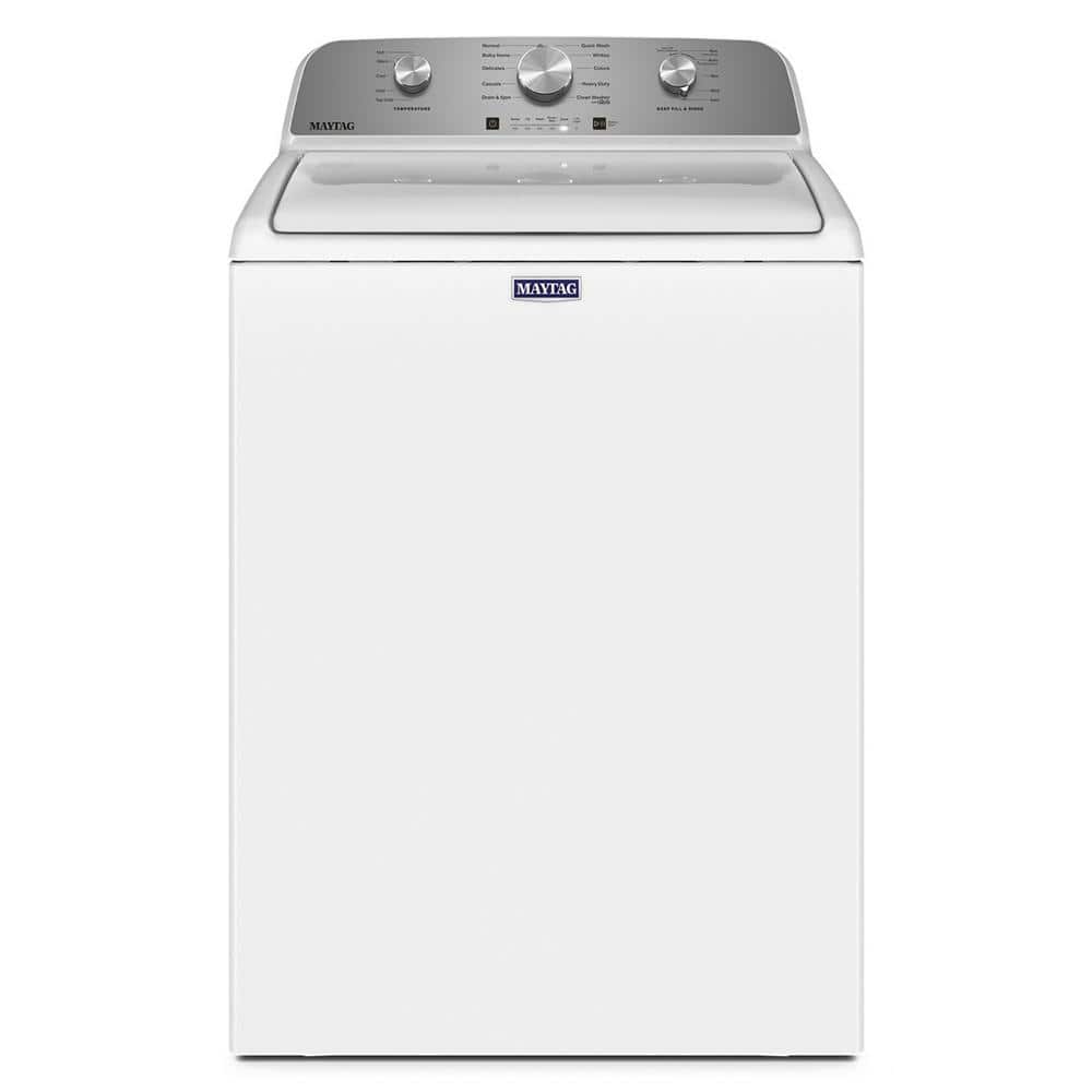Top-loading Maytag washing machine in white with control panel and dials.
