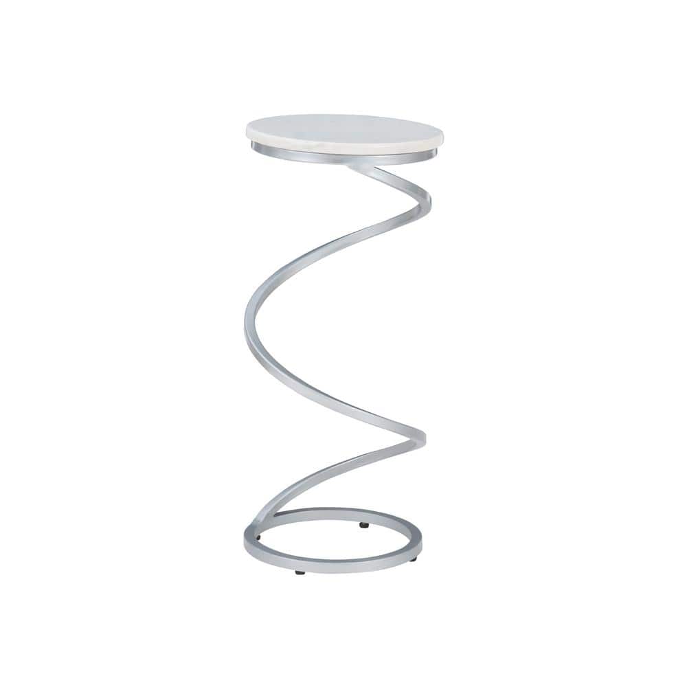 Pippen 10.5 in. W Silver Metal 23.75 in. H Round White Marble Drink Table with Metal Spiral Base - Stu's Home Improvement Outlet