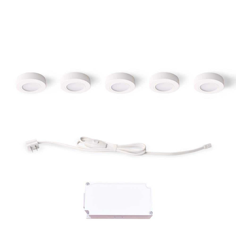 Plug - In 5 - Light White Dimmable Integrated LED Under Cabinet Puck Light with J - box - Stu's Home Improvement Outlet