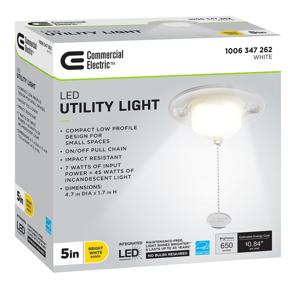 Commercial Electric 5 in. Closet Utility Light Lampholder with Pull Chain LED Flush Mount 650 Lumens 7 - Watt 4000K Bright White - Stu's Home Improvement Outlet