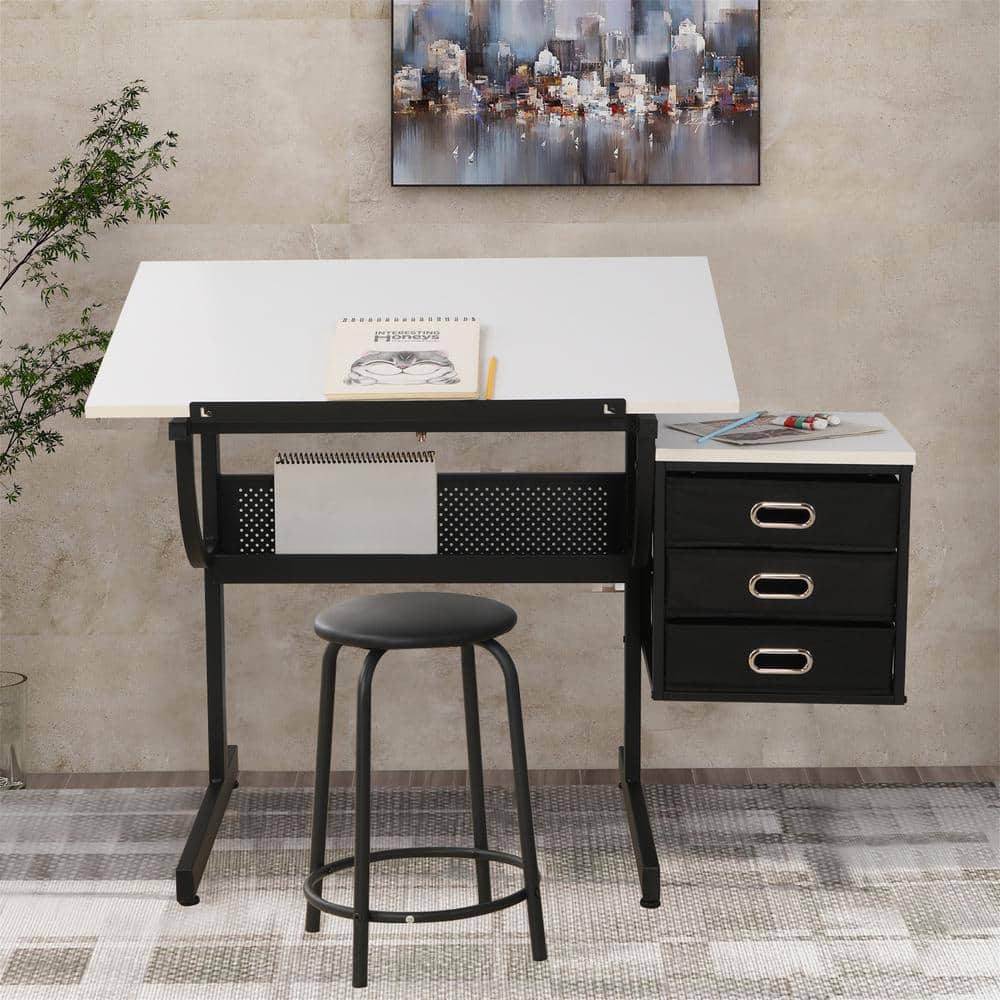 45.67in.W White Steel Frame Adjustable Drafting Drawing Table with Stool and 3 Drawers