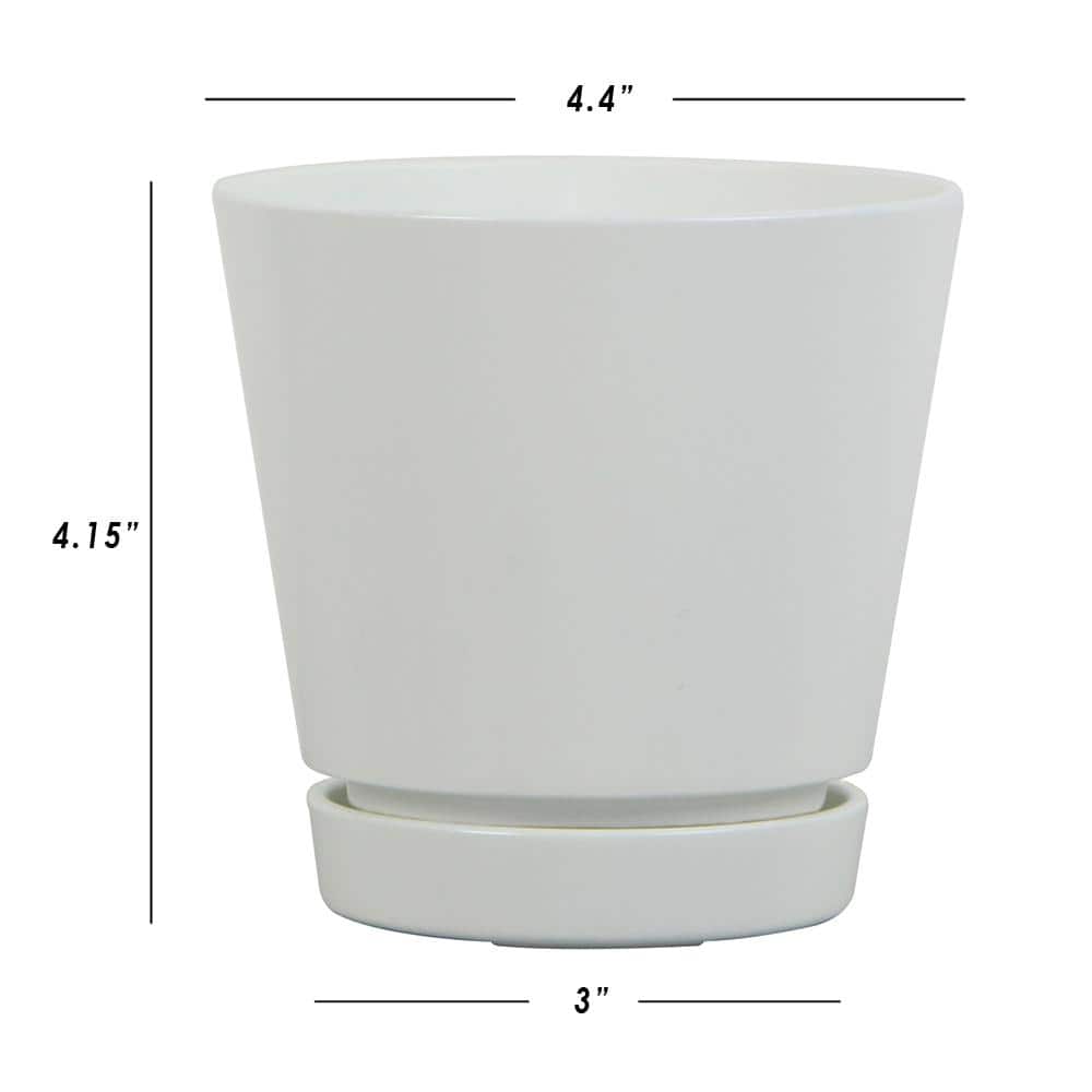 4.4 in. Piedmont Small White Plastic Planter (4.4 in. D x 4.2 in. H) with Drainage Hole and Attached Saucer
