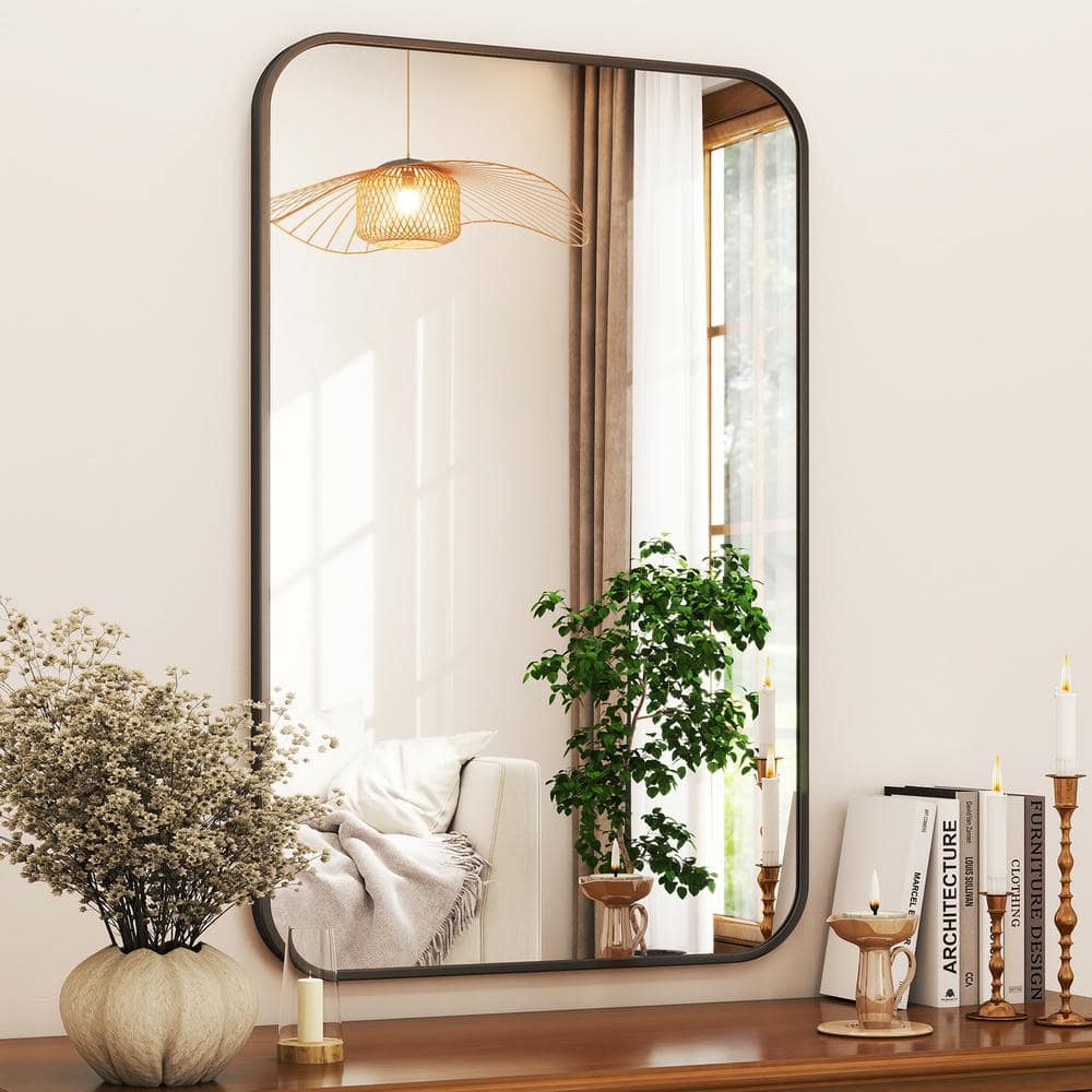 26 in. W x 38 in. H Rectangular Aluminum Alloy Framed Rounded Black Wall Mirror
