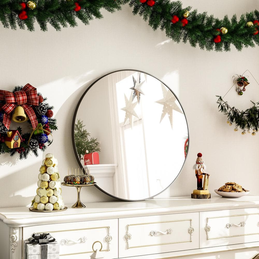 30 in. W x 30 in. H Round Aluminum Alloy Framed Black Wall Mirror