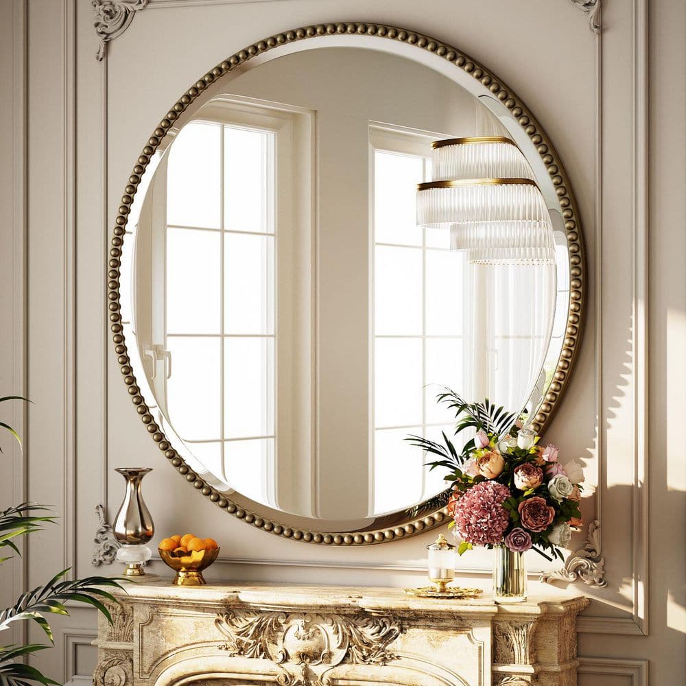 Antique Bronze 32 in. W x 32 in. H Round With Decoration Vanity Wall Mirror Polyurethane Framed Mirror
