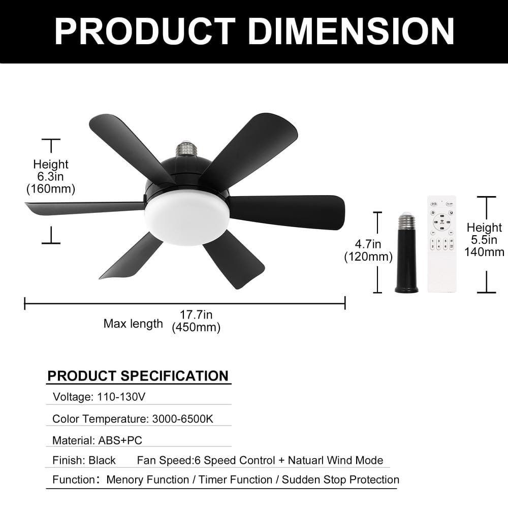 18 in. Black 2 - in - 1 Dimmable Indoor LED Ceiling Fan Flush Mount Light with 6 - Speed and Timer Setting - Stu's Home Improvement Outlet